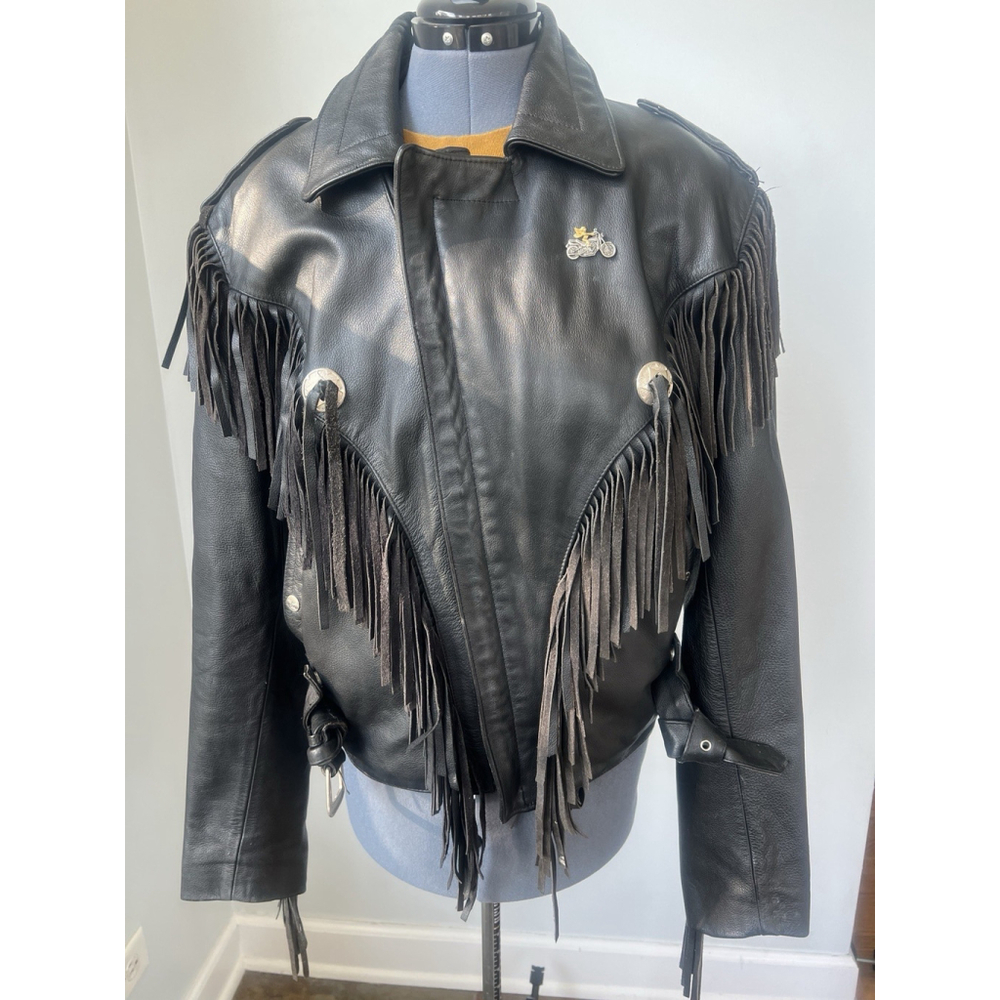Open Road Size M Black Leather Moto Jacket w/ Full Fringe Silver Accents Biker